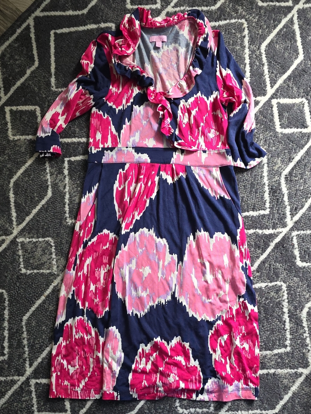 Lilly Pulitzer Navy, Hot Pink & Light Pink Floral Ruffle-Trim Long Sleeve Dress
